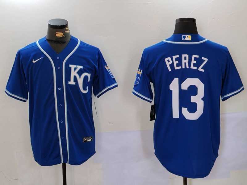 Mens Kansas City Royals #13 Salvador Perez Blue KC Cool Base Stitched Jersey